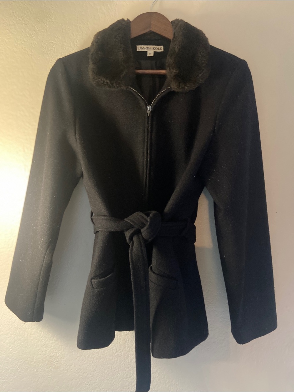 Vintage Jason Kole Black Lined Belted Wool Coat Fur Collar Size M EUC